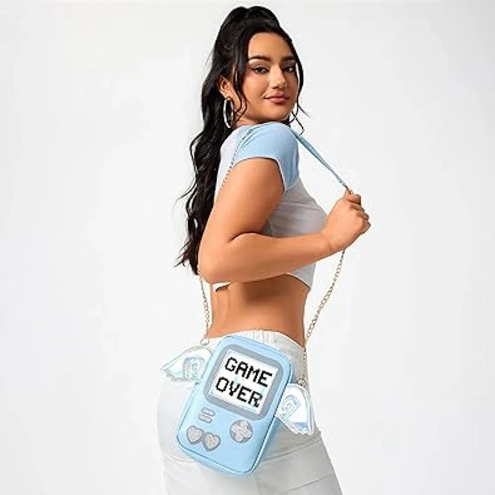 Engoinin Game Over Gamer Themed Blue Rainbow Wings Chain Crossbody Bag Purse